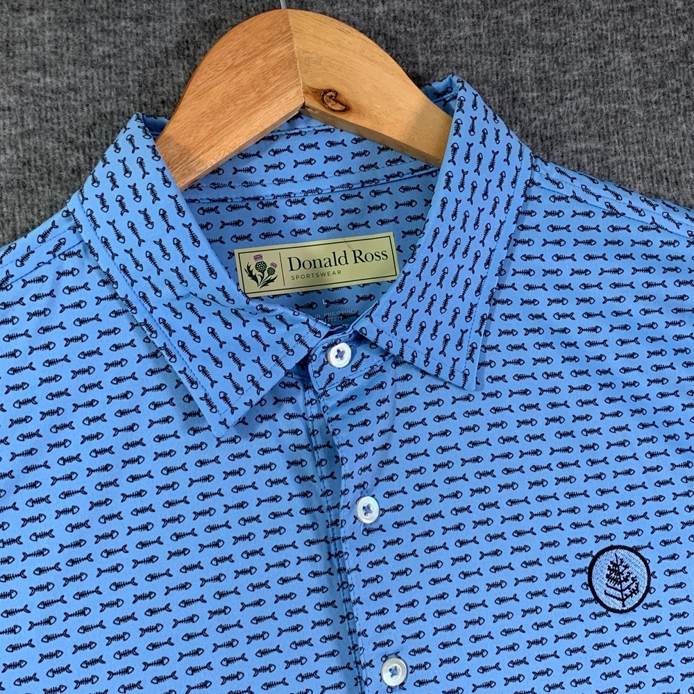 Donald Ross Geometric Polo Men Large Blue Fish Bones Golf Performance Stretch